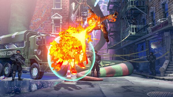 Screenshot of MARVEL Tōkon: Fighting Souls showing a fiery character attacking another in a city street with armed guards nearby.