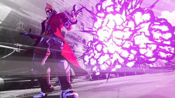 Screenshot of MARVEL Tōkon: Fighting Souls showing a character in a red coat unleashing a powerful purple energy blast.