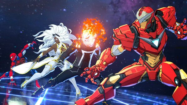 Screenshot of MARVEL Tōkon: Fighting Souls featuring Spider-Man, Storm, Ghost Rider, and Iron Man in an intense battle scene.