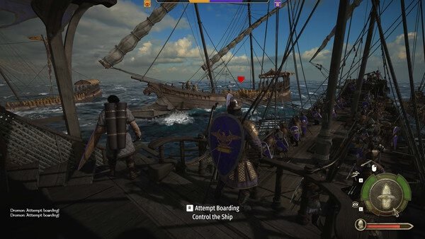 Mount & Blade II: Bannerlord Warband screenshot showing a naval battle scene with soldiers on ships preparing to board.