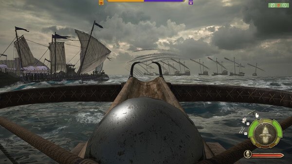 Screenshot from Mount & Blade II: Bannerlord Warband showing a naval battle with ships and archers under a cloudy sky.