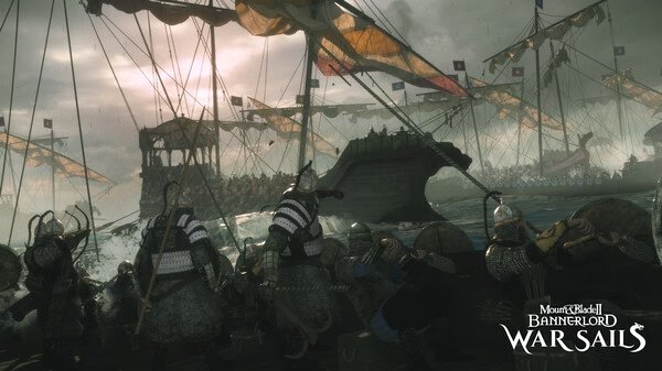 Screenshot from Mount & Blade II: Bannerlord Warband showing armored warriors on ships in a naval battle under a cloudy sky.