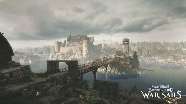 A screenshot from Mount & Blade II: Bannerlord Warband showing a medieval coastal town with a castle and wooden bridge.