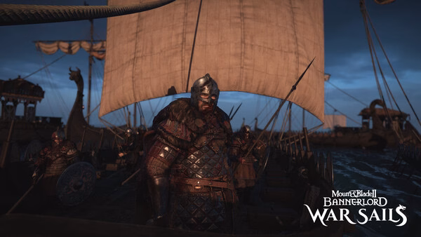 A Mount & Blade II: Bannerlord Warband screenshot showing an armored warrior standing on a ship's deck, with sails and crew in the background.