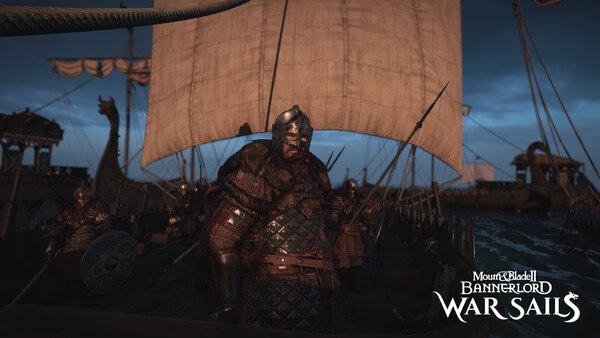 A Mount & Blade II: Bannerlord Warband screenshot showing an armored warrior standing on a ship's deck, with sails and crew in the background.