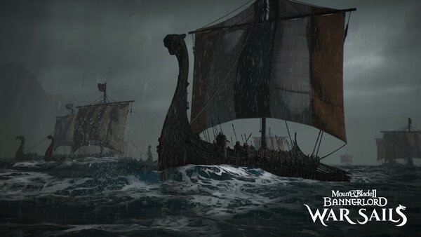 Screenshot from Mount & Blade II: Bannerlord Warband shows a Viking ship sailing through stormy seas under a dark, cloudy sky.